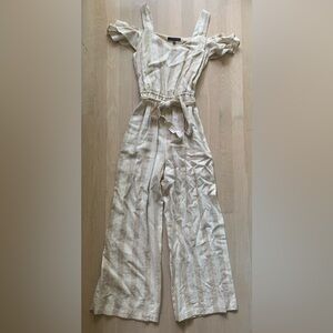 Tan and White Cream Striped Off the Shoulder Jumpsuit